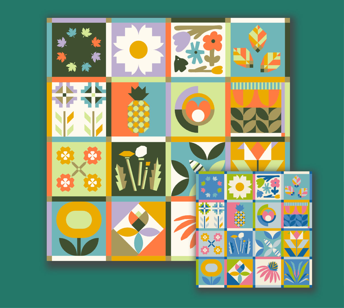 Two mockups of the modern botanical sampler quilt