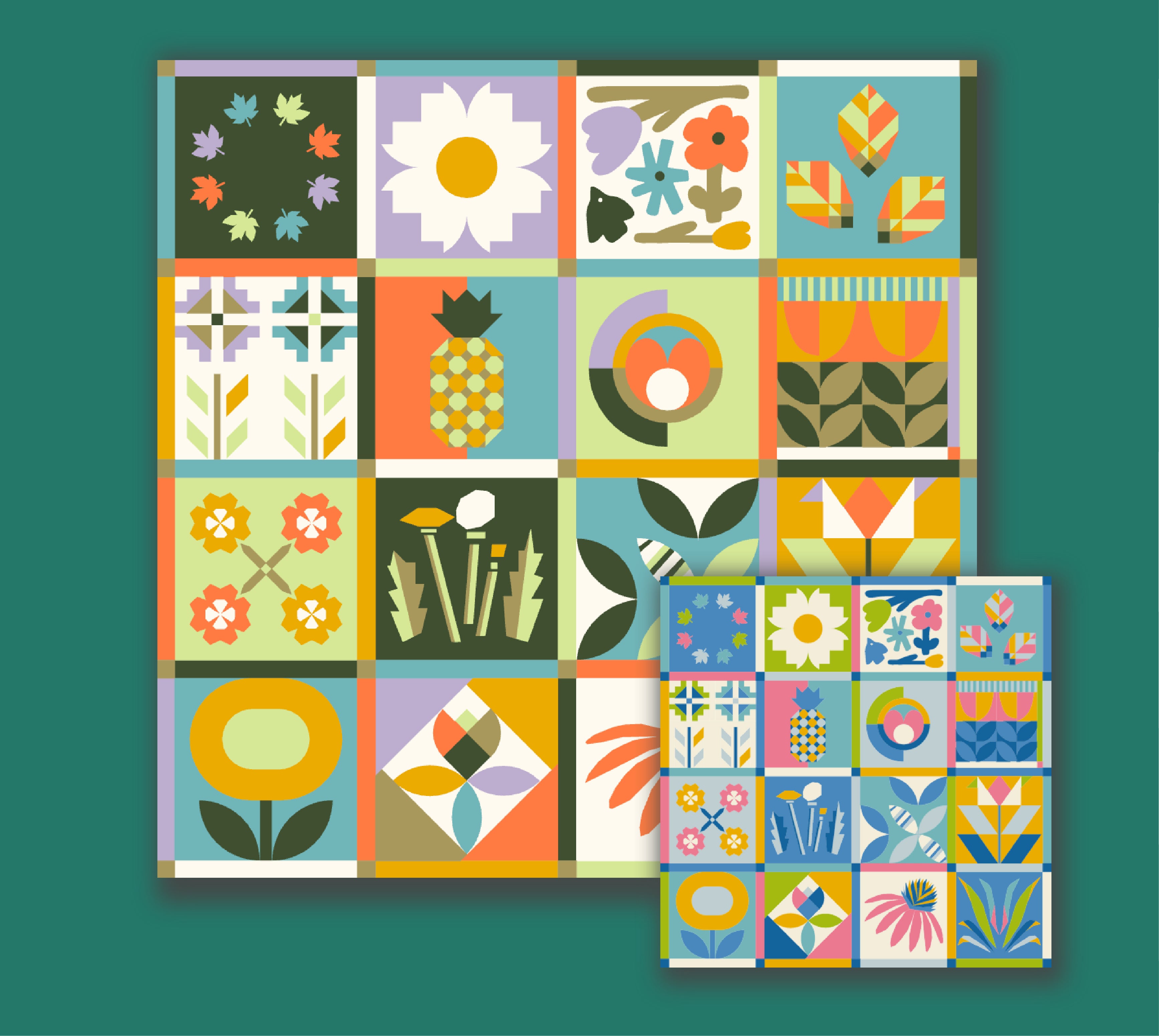 The_modern_botanical_sampler_quilt_mock_up_in_two_fabric_quilt_kits.